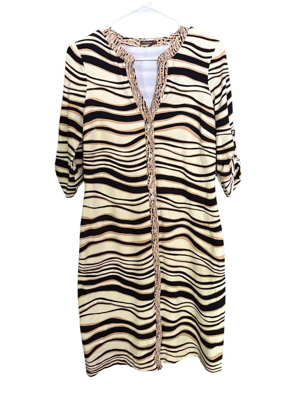 J. McLaughlin Black & Cream Wavy-Stripe Midi Dress